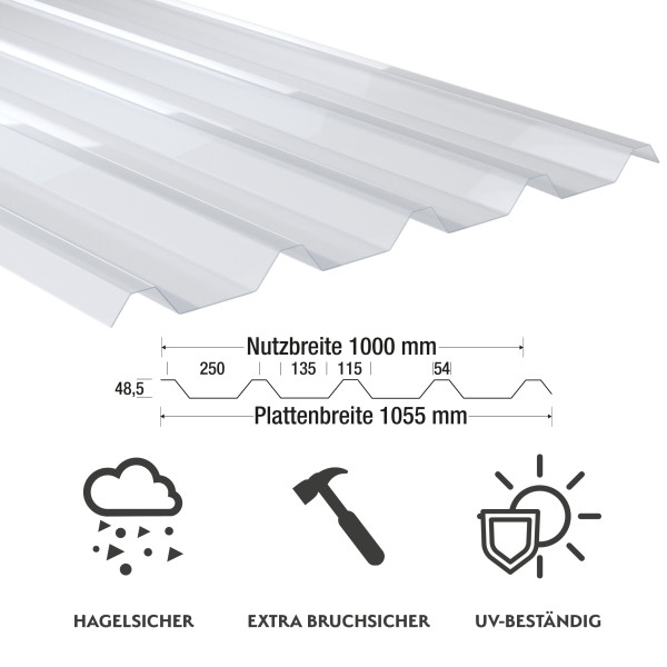1,5 mm PVC-Lichtplatten Profil 250/50 | klar-bläulich