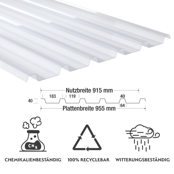 1,5 mm PVC- Lichtplatten Dachplatte Prof.40/183 | klar-bläulich